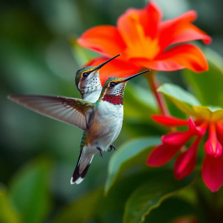 A hummingbird hovering near vibrant tropical flowers, bokeh light effects in the background.