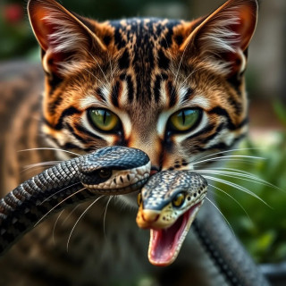 a fatal fight between a cat an strong snake, background: a full view garden