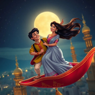 Aerial shot of Aladdin and Jasmine on the magic carpet diving between Agrabah’s moonlit minarets, hair whipping in the wind, sparkling night sky, exhilarated laughter