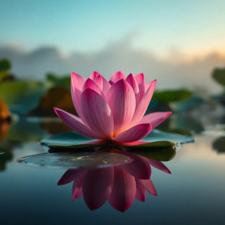 Macro shot of a lotus flower resting on a calm pond, morning mist rising, pink petals reflecting on the water's surface, 8K detail.