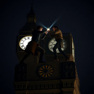 Two rivals dueling atop a clock tower at midnight, gears turning behind them, each strike perfectly timed.
