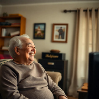 old couple laughing and watching tv