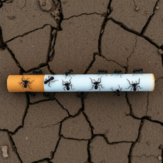 Top-down macro photograph of a full, unbroken cigarette lying on cracked dry earth, held up horizontally by two perfectly organized rows of realistic black ants, each ant gripping the cigarette with legs, clear sense of teamwork and coordination, detailed textures on cigarette and ants, full object centered in frame, natural lighting, realistic shadows