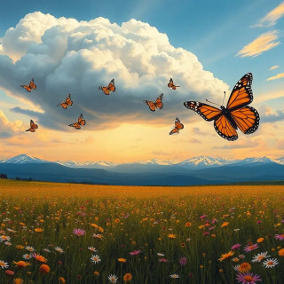 Butterfly migration cloud swirling above endless meadow of wildflowers, distant snowy peaks framing scene, oil painting, panoramic view