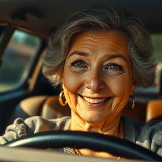 Old woman smiling in  an old car in 1972, oil painting