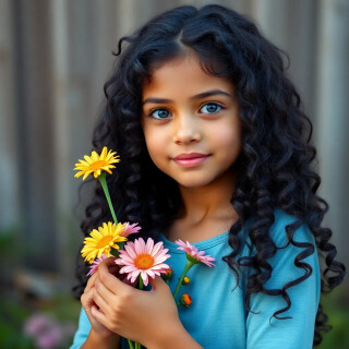 A beautiful 13 years old girl, long curly black hair with gray eyes, colorful flowers in her hands.