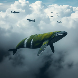 Colossal whale floating in the clouds, covered in moss and waterfalls, airships circling like tiny birds.
