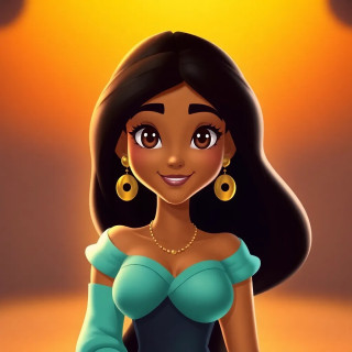 Jasmine (from the movie of Aladdin) is positioned in the center of the image, and is facing the viewer. She has long, dark, flowing hair, and warm-toned skin. Her facial expression is pleasant and slightly smiling. Her eyes are dark, and her features are softly drawn, characteristic of a cartoon or animated style. She wears a light teal, off-the-shoulder top and a dark garment. She has gold-orange toned jewelry, including necklaces and earrings. The background is a soft blend of warm, orange and yellow colors. The lighting is warm and bright, focused on the subject, suggesting a daytime setting or interior scene. The overall composition is simple, centered, and emphasizes the character's beauty in a friendly way. The style is a classic Disney animated film, with smooth lines and bold colors. The character's body build is slender and petite.