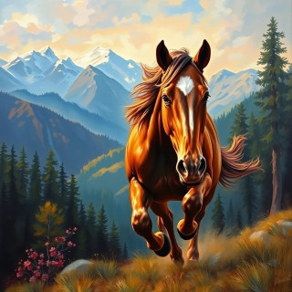 Horse running in moutains and forest, oil painting