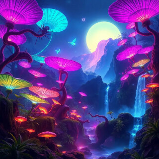 A breathtaking alien jungle at night, filled with towering bioluminescent plants, glowing mushrooms, and floating mountains. The flora pulses with vibrant neon colors—electric blues, radiant purples, and fiery pinks—casting an ethereal glow. Giant fan-like leaves shimmer with delicate veins of light, while twisting vines drip luminous pollen. Strange, exotic flowers bloom with inner radiance, attracting iridescent flying creatures. A waterfall cascades down moss-covered rocks, its mist sparkling like stardust. The air hums with energy, and the ground subtly glows underfoot. Capture the dreamlike, otherworldly beauty of Pandora, blending fantasy and realism with hyper-detailed textures and a sense of awe-inspiring scale.