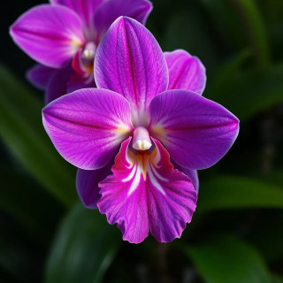 Macro shot of a purple orchid with velvety textures, dark green foliage in the background, studio lighting, 8K resolution.