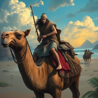 Ancient traveler riding his camel in the beach