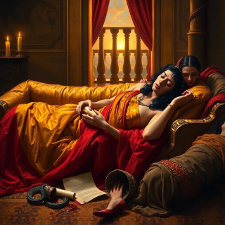 A dramatic, emotionally charged scene of Cleopatra VII's suicide in her Alexandrian palace, 30 BCE. The last Pharaoh of Egypt, a beautiful yet weary woman with Hellenistic features (copper skin, wavy black hair, a diadem resting askew on her brow), lies lifeless on a golden couch, draped in sheer crimson and gold linen. A small, venomous Egyptian cobra slithers away from her bare arm, its bite marked by twin punctures. Her hand clutches a rolled papyrus scroll—Caesar’s sealed letter—while a shattered goblet spills wine like blood onto the mosaic floor. Around her, two distraught handmaidens (one Nubian, one Greek) collapse in grief, their robes disheveled, one holding a discarded asp basket. The opulent chamber is bathed in torchlight, its Ptolemaic frescoes fading into shadow as dawn breaks through the balcony, symbolizing Rome’s impending conquest. The composition echoes Baroque paintings—rich colors, chiaroscuro lighting, and tragic grandeur.