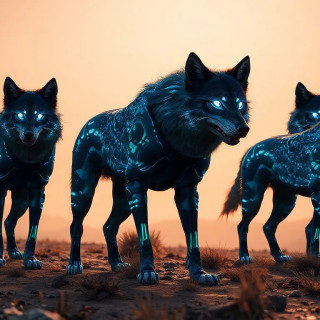 A pack of cybernetic wolf-like creatures with holographic fur, hunting on a planet with rings in the sky, sci-fi realism.