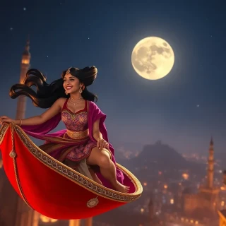 Aerial shot of Aladdin and Jasmine on the magic carpet diving between Agrabah’s moonlit minarets, hair whipping in the wind, sparkling night sky, exhilarated laughter