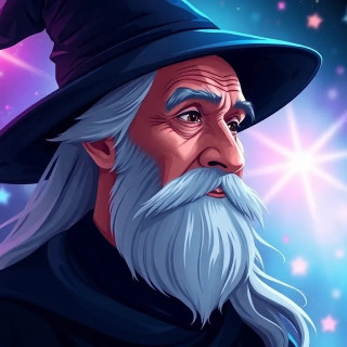 An elderly, light-skinned male wizard, likely of Middle-earth lore, is depicted in a stylized portrait.  He is in his late adult or elderly years, with a long, flowing, light blue-gray beard and hair.  He wears a dark-blue wide-brimmed hat. His expression is contemplative and wise, with a thoughtful gaze directed to the side, not directly at the viewer.  The subject's profile view emphasizes his strong jawline and features. He has prominent wrinkles around his eyes and mouth, suggesting his age. His attire is dark, possibly a robe or cloak underneath the hat.  The setting is a night sky filled with vibrant, glowing, colorful lights, like stars and sparks.  The background is a mix of deep blues, purples, and pinks, with light sources appearing to illuminate the wizard's face and hair. The lighting is dramatic and highlights the wizard's face and long hair. The style is illustrative, with bold outlines and vibrant color gradients, hinting at a fantasy or magical theme.  The image is in a three-quarter profile view, with the subject positioned slightly off-center to the left side of the frame.  The composition is focused on the wizard's face and emphasizes his wise and powerful presence.
