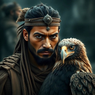 Ancient warrior with his eagle, full view