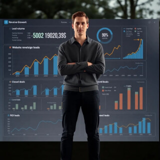 High-end business intelligence dashboard showing revenue growth generated from website redesign leads. Rising charts, increasing lead volume, conversion improvements, closed deals, and ROI metrics displayed in a sleek software interface. Premium SaaS marketing image, cinematic lighting, photorealistic dashboard visualization.