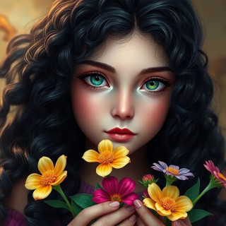 A beautiful 11 years old girl, long curly black hair with green eyes, colorful flowers in their hands