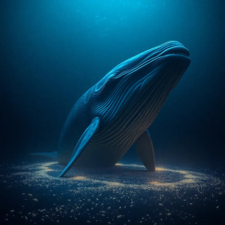 A giant blue whale emerging from the deep, bioluminescent plankton glowing around it.