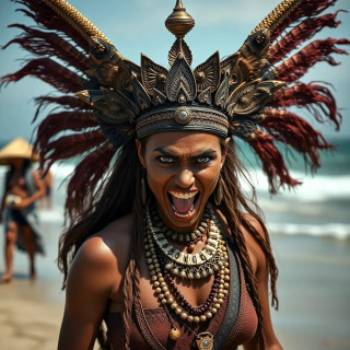 Angry war Godess greeting people in the beach