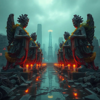 A post-apocalyptic oasis: crumbling statues of gods overgrown with glowing vines, offering WiFi signals to nomadic digital nomads.