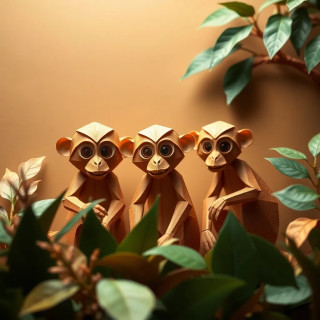 Origami jungle scene with paper monkeys and leaves, subtle shadows, muted earth-tone palette