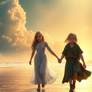 A glorious woman walking with her 2 children. she is hold their hand at the beach, ultra-detailed, high quality