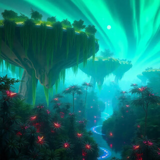 A surreal landscape where colossal floating islands hover above a glowing jungle, their undersides dripping vines that shimmer like fiber optics. A winding river pulses with bioluminescent algae, reflecting the neon hues of the flora. The sky is streaked with auroras, and tiny winged creatures flit between giant, luminous ferns. Cinematic, hyper-detailed, 8K, unreal engine rendering.