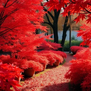 “Serene Japanese maple garden in peak autumn, fiery red leaves carpet ground, soft diffused light, 85 mm lens bokeh, photographic”