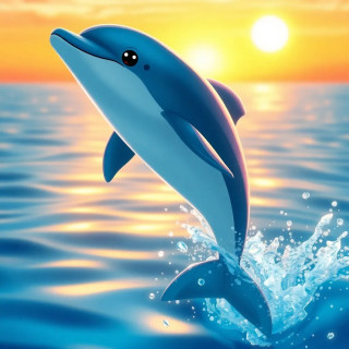 A playful dolphin leaping out of crystal-blue water, droplets frozen mid-air, warm sunrise background, soft anime coloring and lens flare