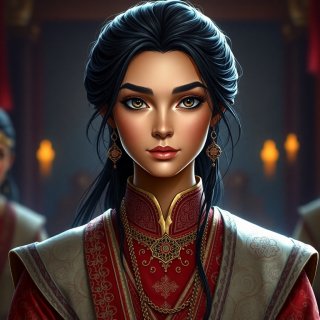 Woman with round face, 30 years old, light brown skin, black hair, brown eyes, wearing Glorious clothes in her marriage ceremony and greeting gests