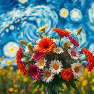 A bouquet of flowers in the style of Van Gogh’s 'Starry Night,' swirling skies and bold brushwork.