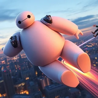 Baymax (armored) rocketing over San Fransokyo skyline at dusk, microbots chasing, Hiro cheering on shoulder, kinetic neon trails