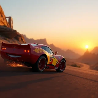 “Lightning McQueen drifting through a desert canyon hairpin, sparks flying off tires, sunset horizon ablaze, competitive grin”