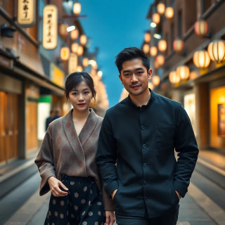 japanese couple walking, full shot, from head to toe