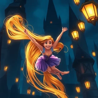 “Rapunzel swinging from her glowing hair between towering lantern-lit spires, joyful shout, Pascal clutching on, dynamic Dutch angle”