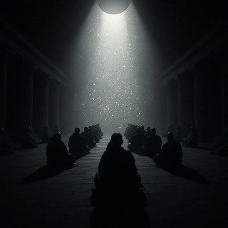 A temple of shadows: monochrome monks meditate in a void, their breath weaving constellations that flicker like old film reels.