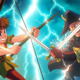 “Peter Pan dueling Captain Hook on a masttop during a lightning storm, blades clashing with sparks, bold grin vs. snarling rage”