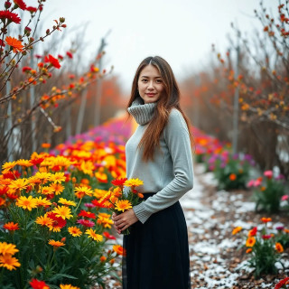 Pretty woman with colorful flowers by winter