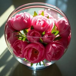 A bouquet of peonies submerged in a glass bowl, sunlight refracting through the water, creating dreamy light patterns, photorealistic.