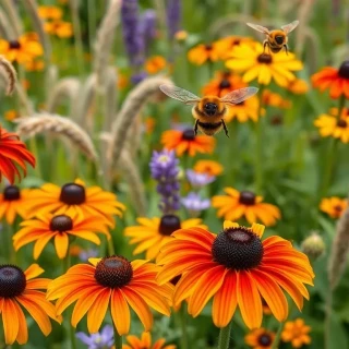 “Pollinator paradise: mixed bed of coneflowers, black-eyed Susans, purple verbena, ornamental grasses, and buzzing bees mid-flight, high-key macro details, photographic”