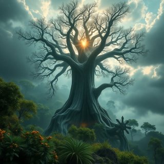 Strange tree in the forest. The sky is cloudy.