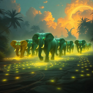 A herd of glowing elephants galloping through a mystical jungle, each footstep creating glowing ripples in the earth, captured in a split second, surreal lighting