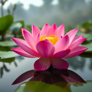 Macro shot of a lotus flower resting on a calm pond, morning mist rising, pink petals reflecting on the water's surface, 8K detail.