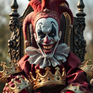 Jester laughing maniacally on a throne of broken crowns, tears streaming down their painted face.