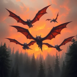 5 Dragons flying in orange grey sky, dense forest,  2 millions years before.