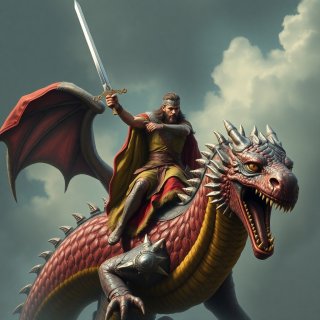 Ancient prince holding a sword and riding dragon, ultra realistic, medium shot