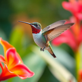A hummingbird hovering near vibrant tropical flowers, bokeh light effects in the background.