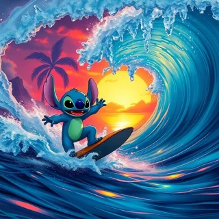 “Stitch surfing a massive Hawaiian barrel wave, neon sunset backdrop, water spray frozen mid-air, mischievous delight”